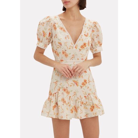 LoveShackFancy Lena Cream Yellow Floral Linen Mini Dress Medium - Picture 1 of 11